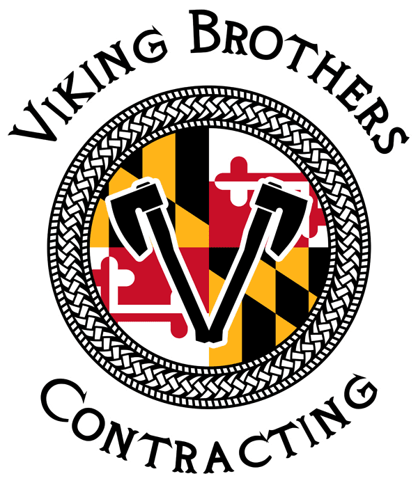 Logo of Viking Brothers Contracting featuring crossed axes over a Maryland flag design, surrounded by a circular braided pattern.